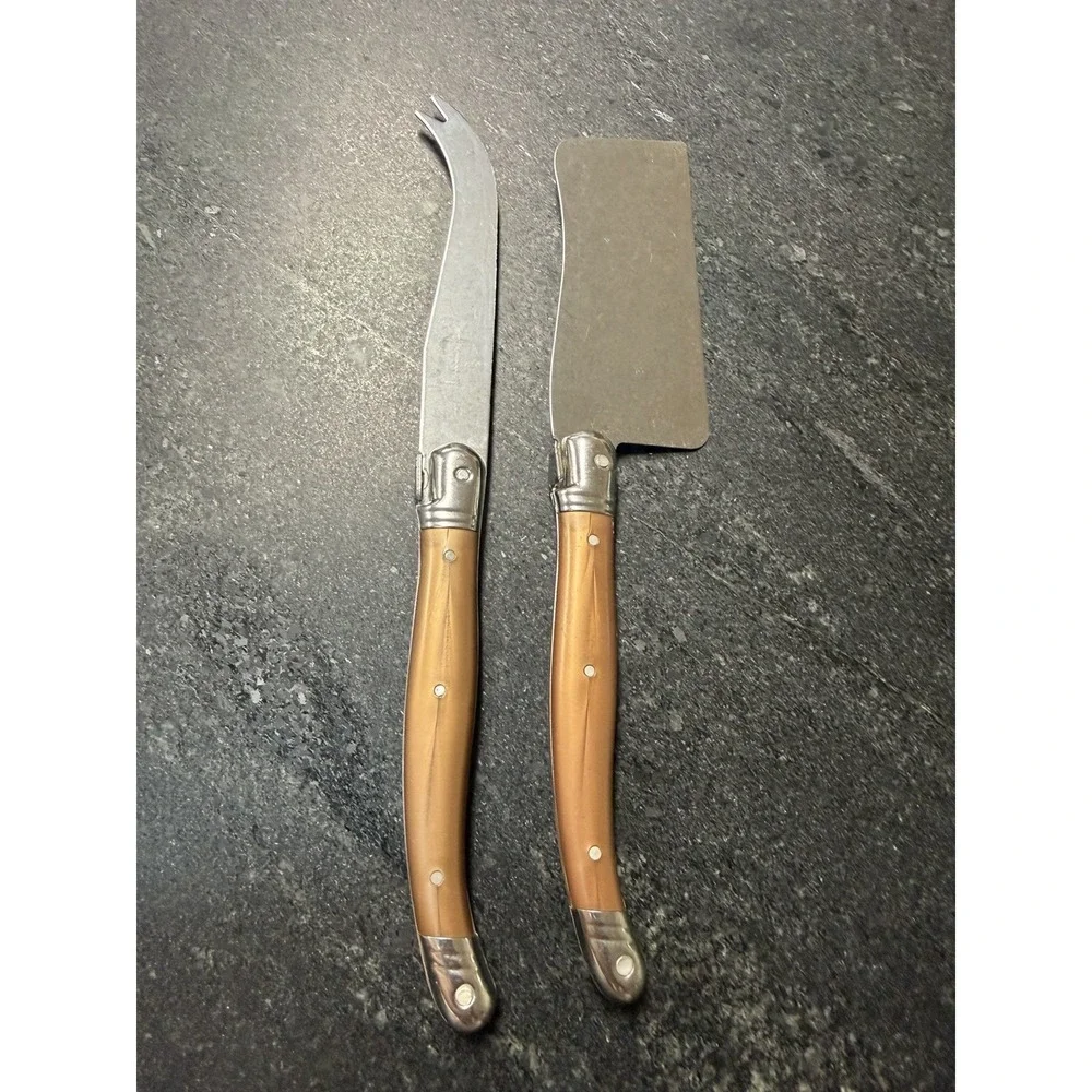 Laguiole Jean Dubost France Cheese Knife & Cleaver Set Faux Brown Horn Handles